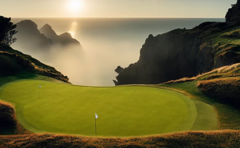 Image similar to a great photograph of the most amazing golf hole in the world, incredible light, cliffs by the sea, perfect green fairway, human perspective, ambient light, 5 0 mm, golf digest, top 1 0 0, fog