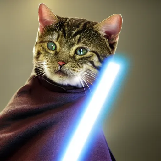 Prompt: a master jedi cat in star wars, wearing a jedi cloak hood, hyper realistic stills from the movie, volumetric lighting, 8 k resolution