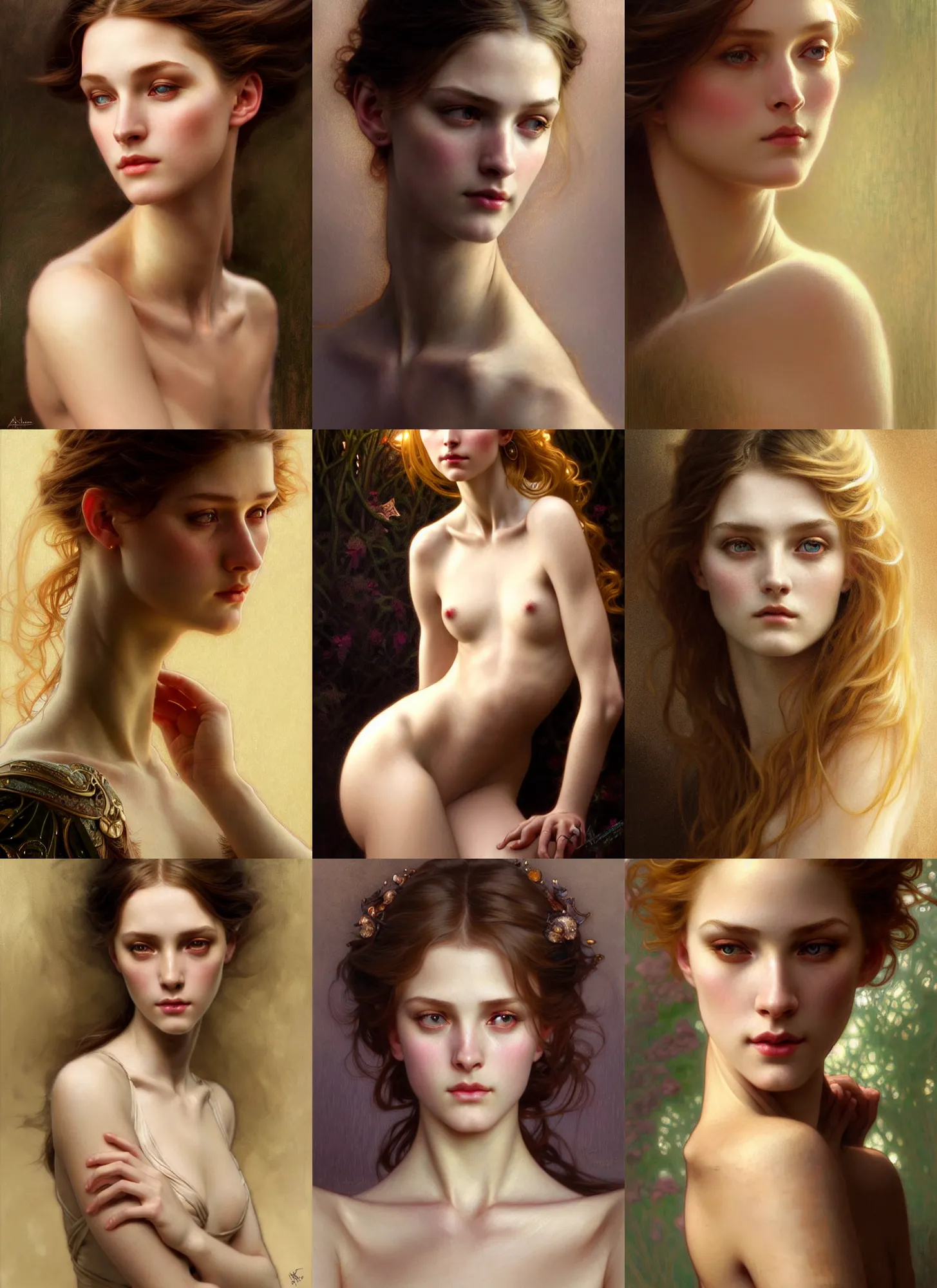 Prompt: diffuse lighting, fantasy, intricate, elegant, highly detailed, lifelike, photorealistic, digital painting, artstation, illustration, concept art, smooth, sharp focus, Ultra realistic portrait of a beautiful Girl looking to the right, art by John Collier and Albert Aublet and Krenz Cushart and Artem Demura and Alphonse Mucha