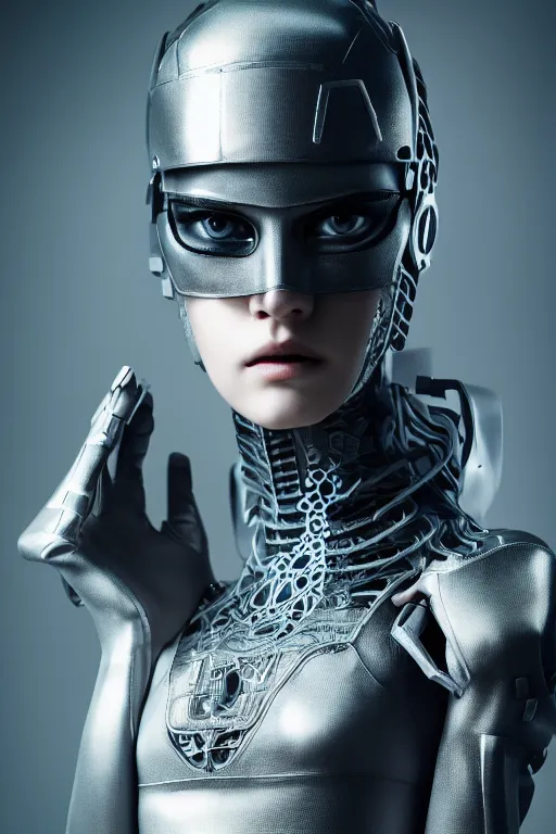 Image similar to beautifull cyberpunk woman model, wearing organic ceramic fractal armor, luxury materials, symmetrical, cinematic, elegant, professional studio light, real dlsr photography, sharp focus, 4 k, ultra hd, sense of awe, high fashion