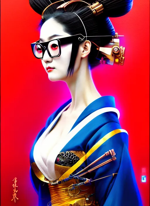 Prompt: sensual japanese geisha wearing vr eyewear, robotic, android, cyborg, cyberpunk face, steampunk, fantasy, intricate, elegant, highly detailed, colorful, vivid color, digital painting, artstation, concept art, art by artgerm and greg rutkowski and ruan jia,