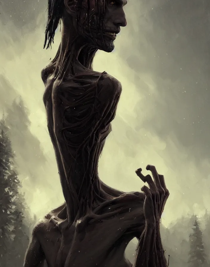 Image similar to epic portrait cinematic shot an skinny tall creature with long arms, long neck, bald, covered in dark substance, fine details. night setting. realistic shaded lighting poster by craig mullism, artgerm, jeremy lipkin and michael garmash, unreal engine, radiant light, detailed and intricate environment, digital art, trending on art station,