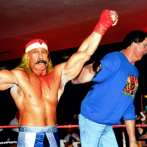 Prompt: hulk hogan wrestling a large chicken