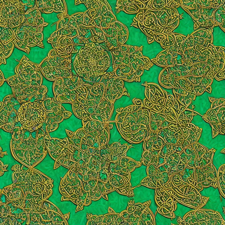 Image similar to medieval celtic arabic ornament with mystic birds and flowers, highly detailed, photorealistic, octan render, 3 d, green and gold, fractal, mandelbrot,