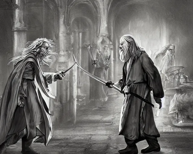 Image similar to Gandalf fighting Dumbeldore in grocery store, highly detailed, digital art, trending on artstation