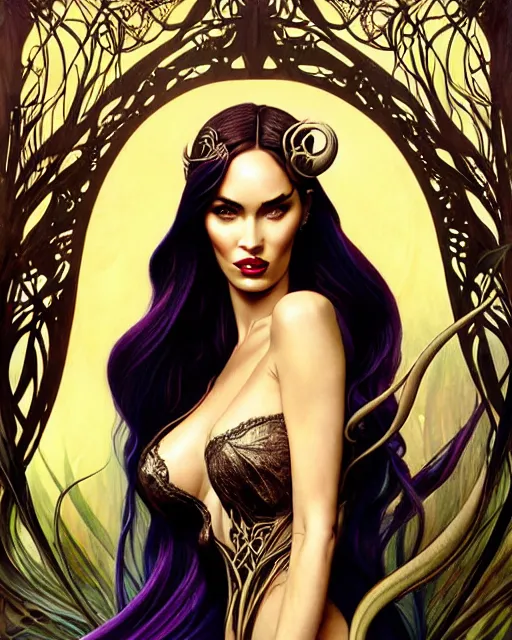 Image similar to new art nouveau closeup portrait of fantasy succubus megan fox wearing a royal dress in an evil forest, anna dittmann, moebius, wlop, artgerm, patrick nagle, charlie bowater and loish. long windblown hair, ultrasharp focus, dramatic lighting, barbwire vine arches, photorealistic digital matte painting, intricate, dark souls