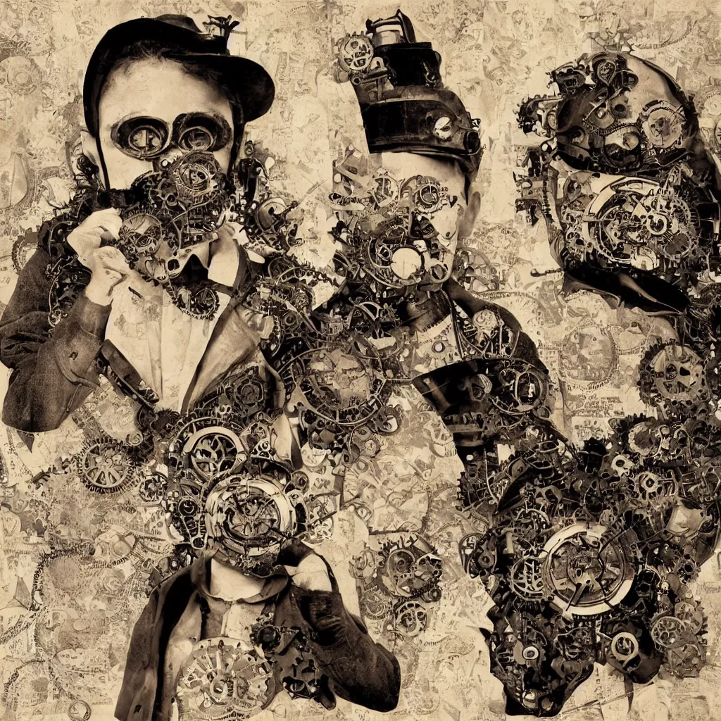 Prompt: steampunk boy with a super detailed and intricate mask, collage