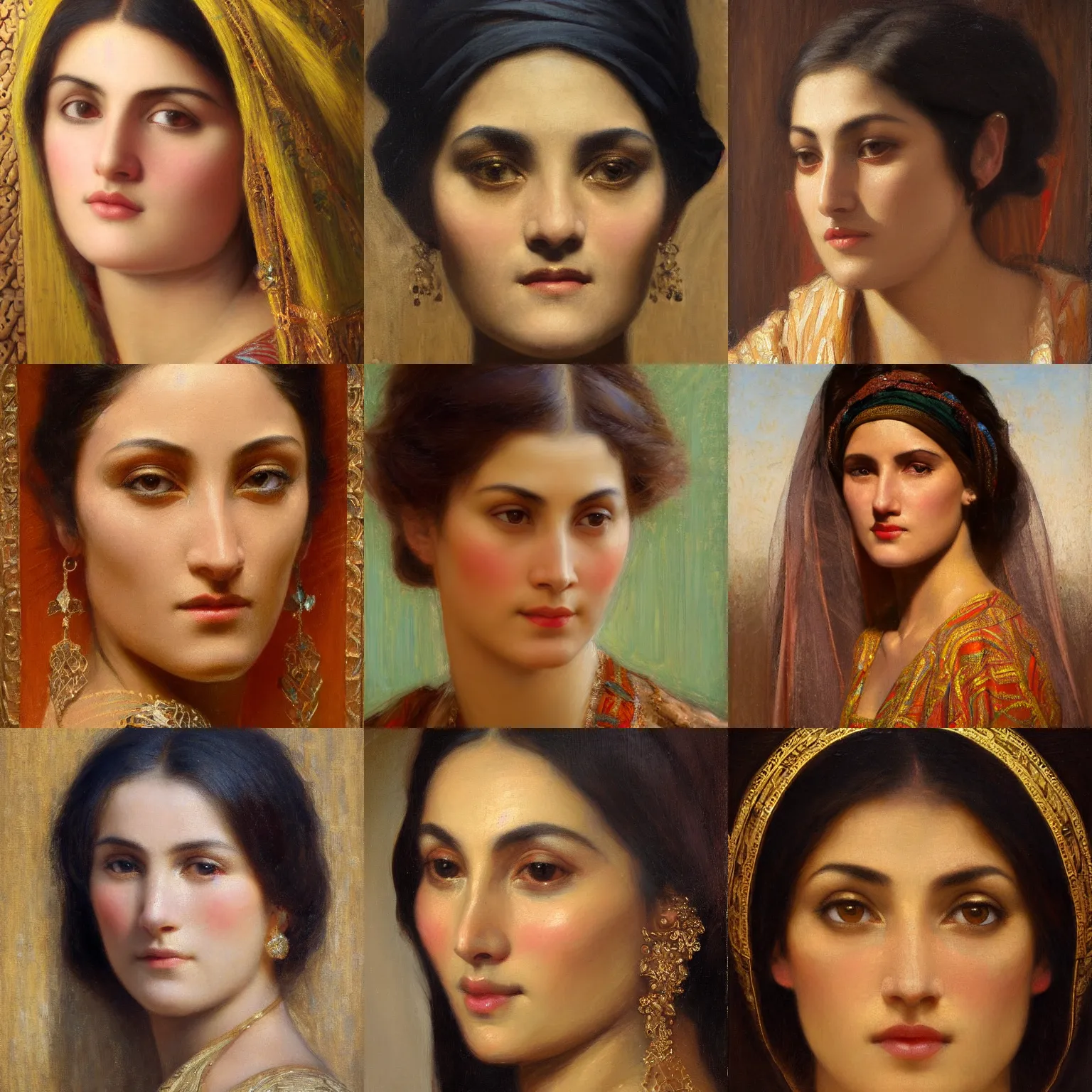 Prompt: orientalism face detail of a beautiful woman with striking eyes by edwin longsden long and theodore ralli and nasreddine dinet and adam styka, masterful intricate art. oil on canvas, excellent lighting, high detail 8 k