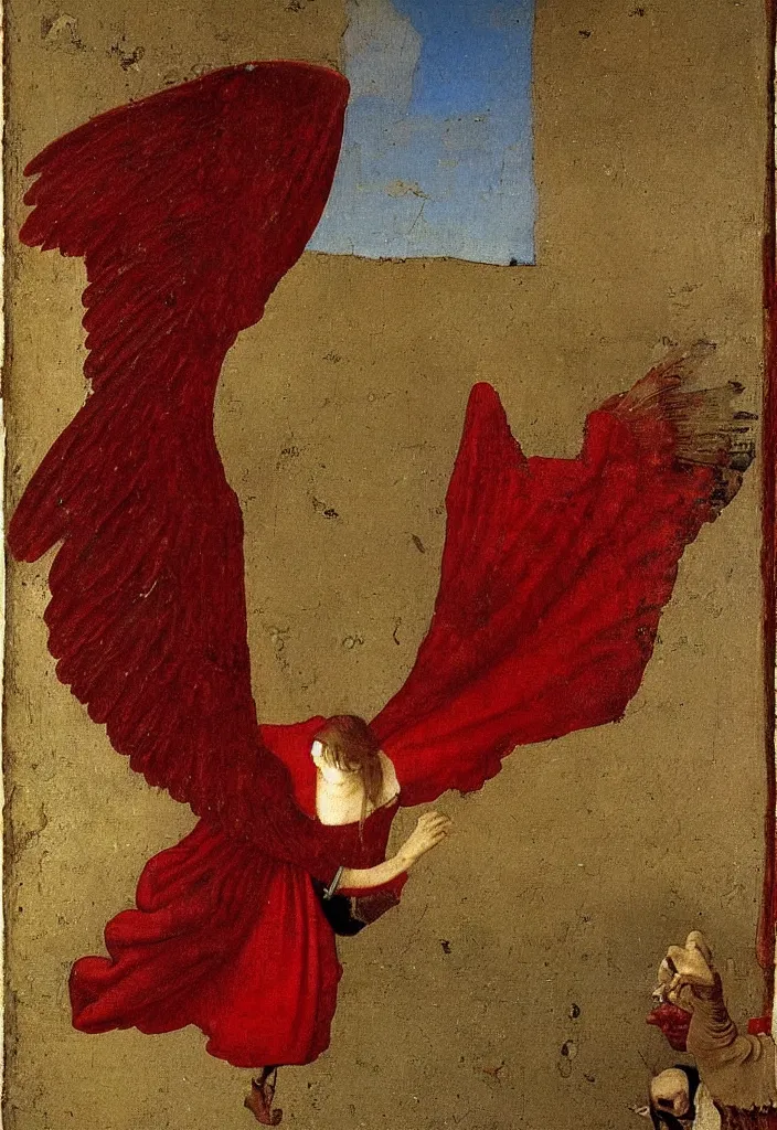 Image similar to Flying Fallen Angel with wings dressed in red, Medieval painting by Jan van Eyck, Johannes Vermeer, Florence