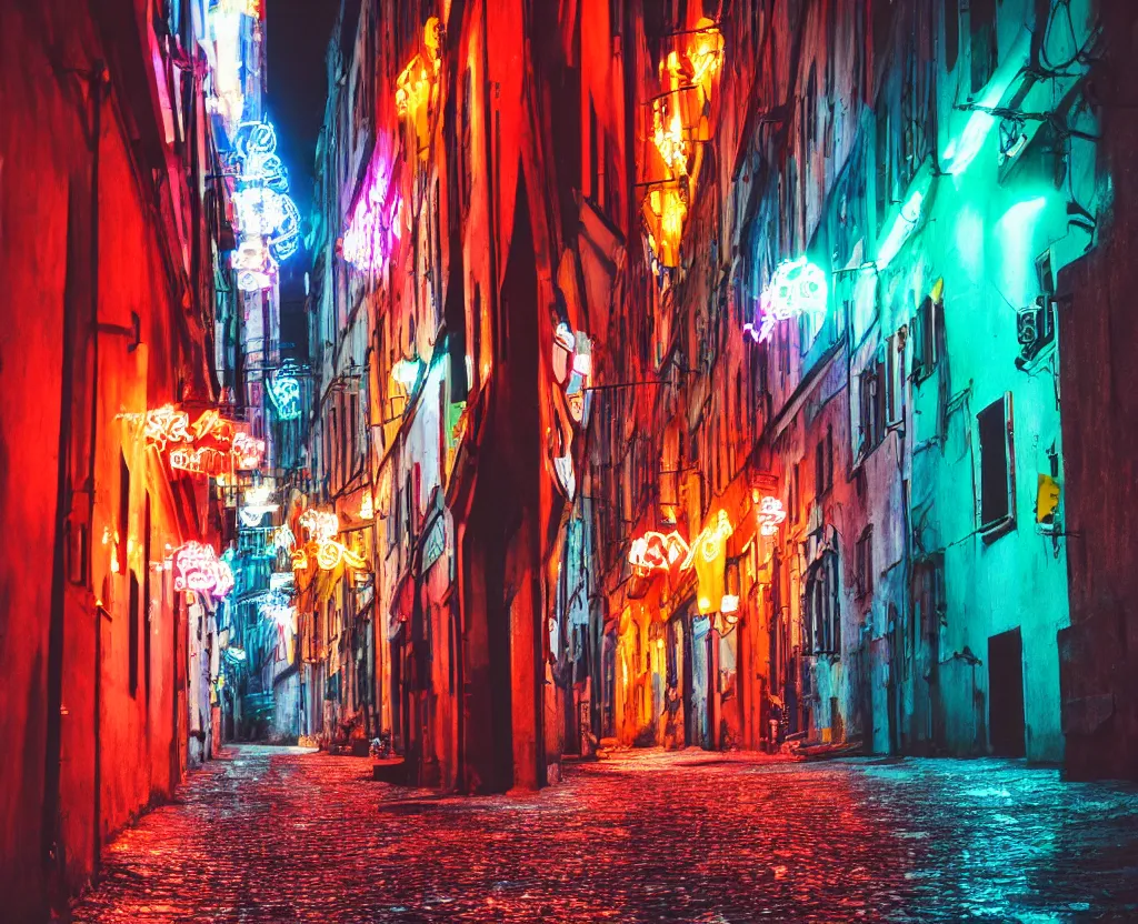 Image similar to Narrow polish street full of colorful vintage neons, crowd of partying people, late evening, 35mm f8.0, long exposure, focus on the neons, full frame, film photography