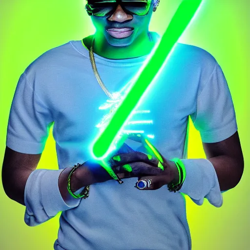 Image similar to ! dream soulja boy with glowing green magic, octane render