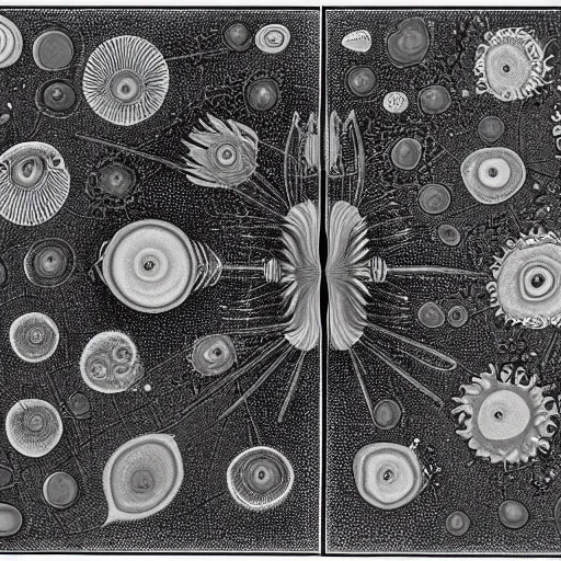 Prompt: microscopy, 1 0 0 0 x magnification, electron microscope, diatoms, tardigrades, close up, centered, bacteria germs made in the style of roger dean