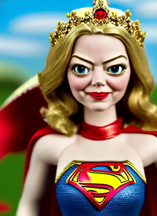 Prompt: highly detailed closeup, face profile portrait of a tin toy emma stone as supergirl as a fairytale princess wearing a crown, bikini, unreal engine, nicoletta ceccoli, mark ryden, earl norem, lostfish, global illumination, detailed and intricate environment