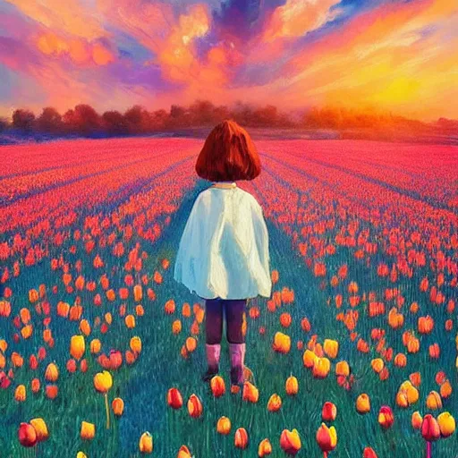 Image similar to girl with a giant tulip head, surreal photography, flower field, sunset dramatic light, impressionist painting, colorful clouds, blue sky, digital painting, artstation, simon stalenhag