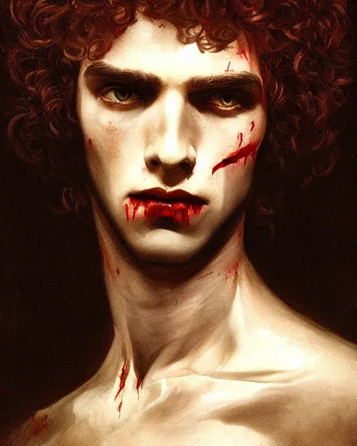 Prompt: a handsome but sinister and creepy young man in layers of fear, with haunted eyes and curly hair, 1 9 7 0 s, seventies, delicate embellishments, a little blood, crimson, painterly, offset printing technique, by alexandre cabanel