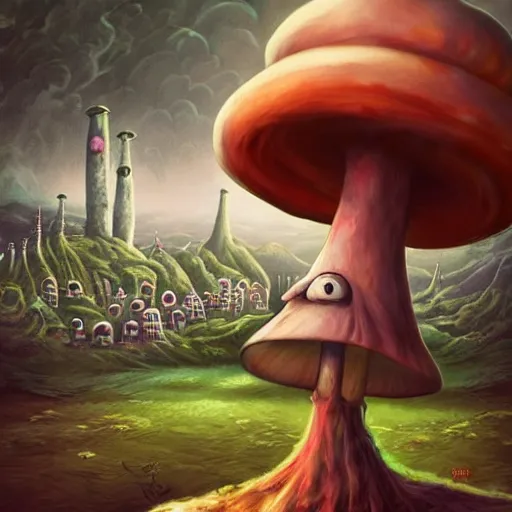 Prompt: a centered chest up portrait of a psychedelic demonic anthropomorphic mushroom - man smoking a hand - rolled cigarette smoking heavily, magic mushroom village in background. award winning. superb resolution. in the art style of junji ito and greg rutkowski. detailed mushroom city in background. hyper realistic anime. perfect art. dalle 2