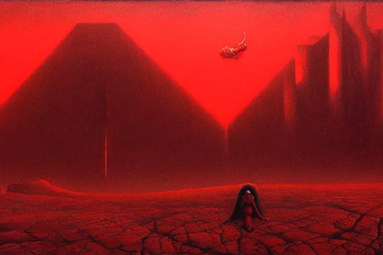 Image similar to only with red, red god of death eat apple, a futuristic city on mars in the background, red worms on the floor, in the style of beksinski, part by hopper, part by rodcenko, part by hofbauer, intricate composition, red by caravaggio, insanely quality, highly detailed, masterpiece, red light, artstation, 8 k