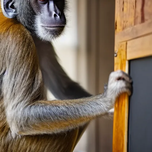 Prompt: Photograph of a monkey looking at a blackboard, but the monkey is confused. Detailed photo, realistic, 4k