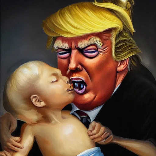 Image similar to a painting of a gigantic Donald Trump eating a boy like Saturn Devouring His Son, 2d, ultra highly detailed, rococo painting, smooth, sharp focus, artstation, pixiv, art by Francisco Goya