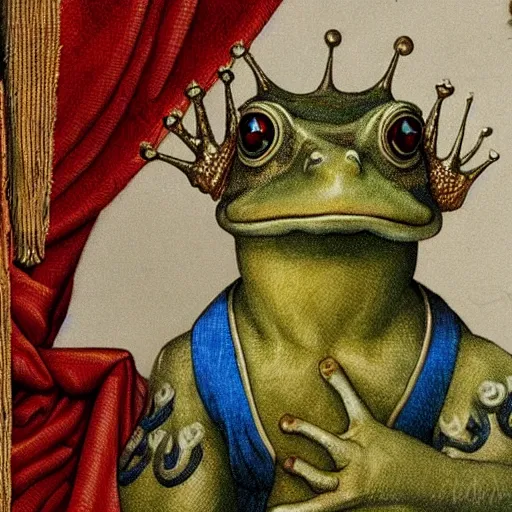 Image similar to highly detailed renaissance frog prince dressed in royal clothes