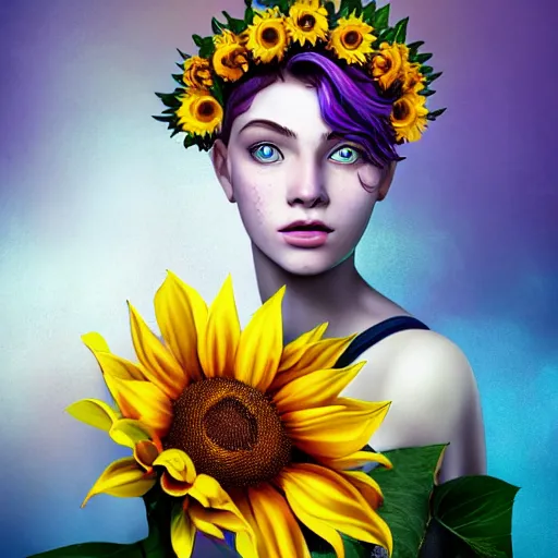 Image similar to a beautiful stunning matte digital portrait illustration of a blue-eyed woman with freckles and violet hair wearing a yellow sunflower crown, in the style of Ross Tran, trending on artstation, contest winner