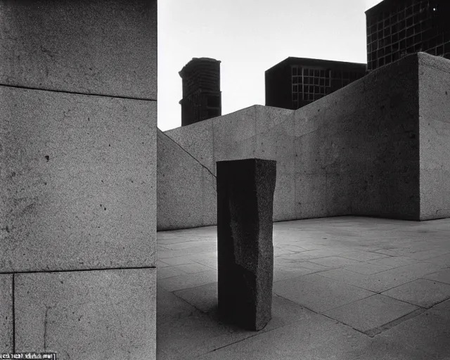 Image similar to by bruce davidson, andrew boog, mystical photography evocative. an fractal concrete brutalist carved sculpture, standing in a city center.