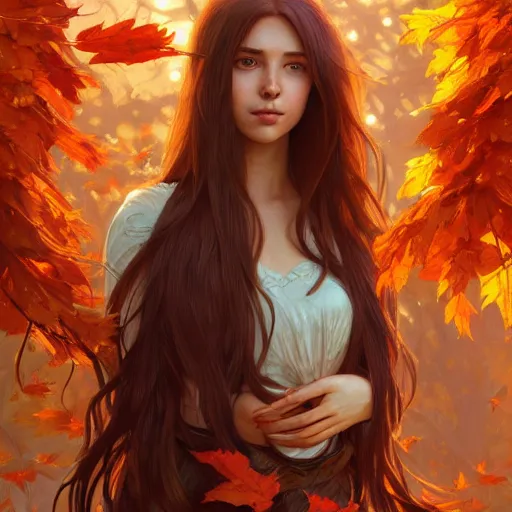 Image similar to girl with super long hair, hair becoming autumn red leaves, intricate, highly detailed, digital painting, artstation, concept art, smooth, sharp focus, illustration, unreal engine 5, 8 k, art by artgerm and greg rutkowski and alphonse mucha