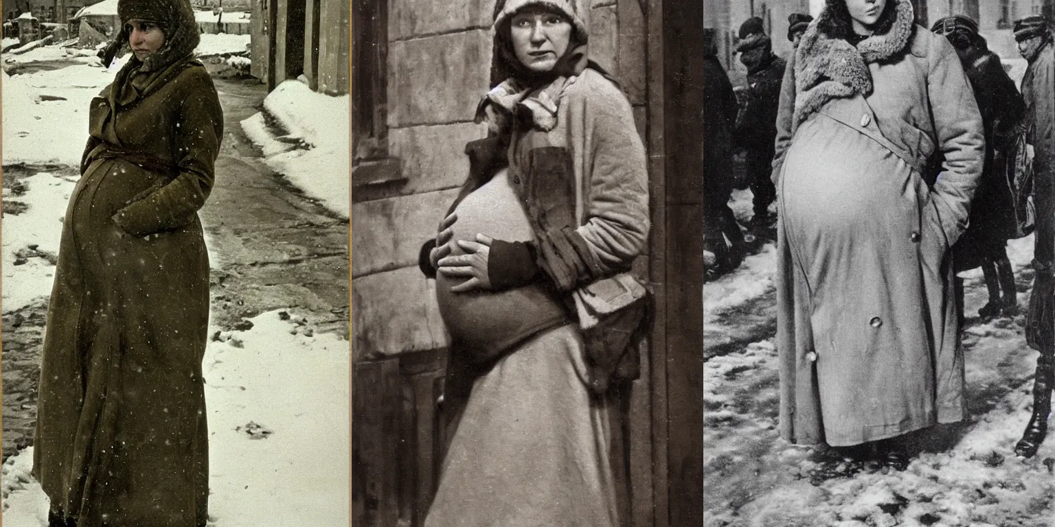 Prompt: full-length portrait of a pregnant woman on the street of besieged Leningrad, historically reliable photo chronicle, winter 1941, oil on canvas, cinematic, hyper realism, dramatic lighting, high detail 4k