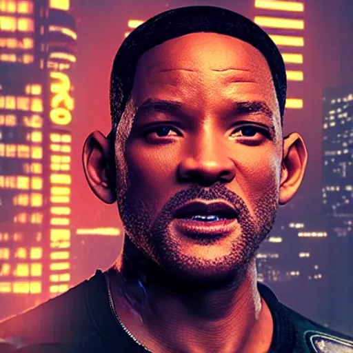 Image similar to a still from blade runner 2 0 4 7 with will smith as the main characer