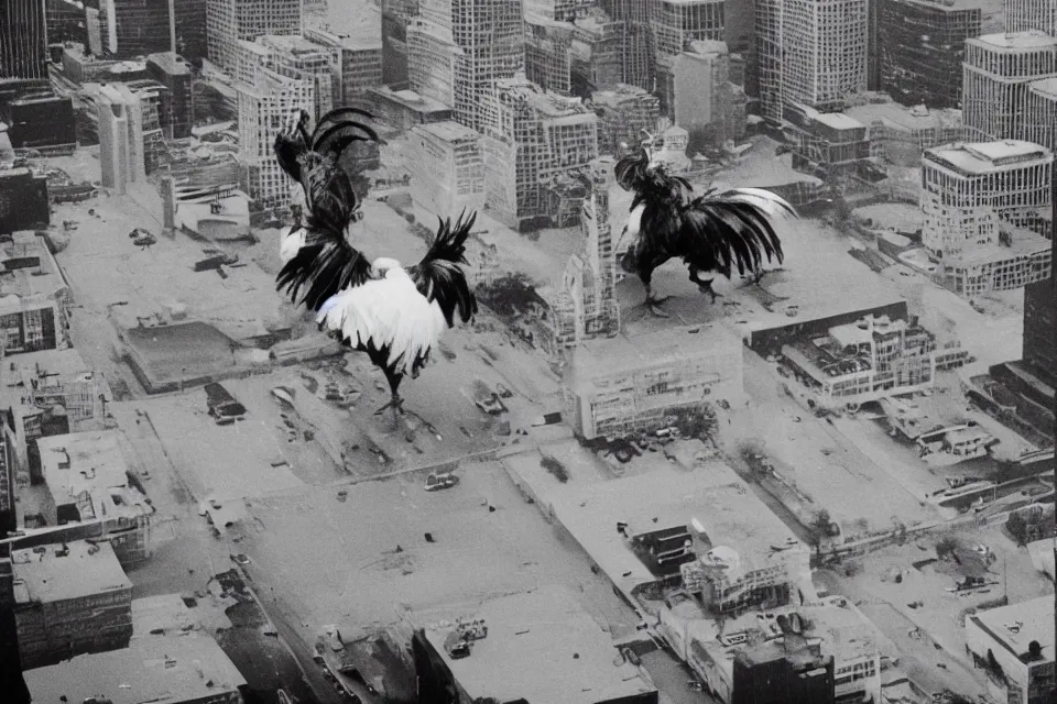 Prompt: still image taken from sci fi horror movie of a giant rooster fights an monster in the city. aerial shot, 1 9 8 0 s polaroid photo - journalism flash photograph.