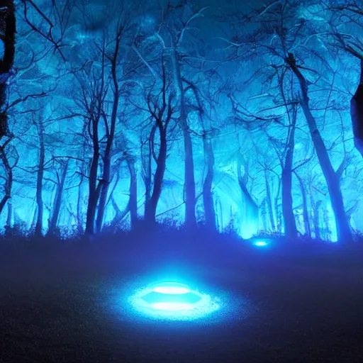 Image similar to a beautiful blue bioluminescent forest with a giant gaseous planet in the sky