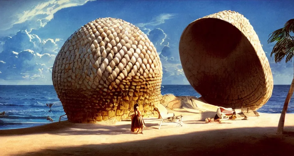 Image similar to a giant seashell house with a doorhole, cinematography by syd mead, gregory crewdson