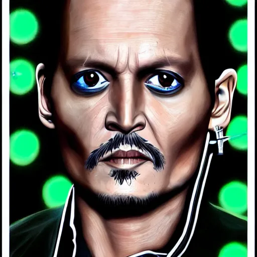 Image similar to johnny depp as a borg drone, tng, star trek, the borg, cybernetic implant, borg collective, hd, full length portrait, photorealistic