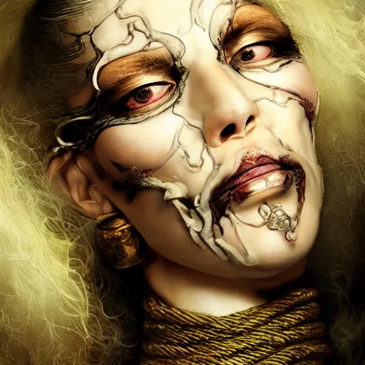 Image similar to portrait of a Shibari rope wrapped face and neck, headshot, insanely nice professional hair style, dramatic hair color, digital painting, of a old 17th century, old cyborg Njurse, amber jewels, baroque, ornate clothing, scifi, realistic, hyperdetailed, chiaroscuro, concept art, art by Franz Hals and Jon Foster and Ayami Kojima and Amano and Karol Bak,