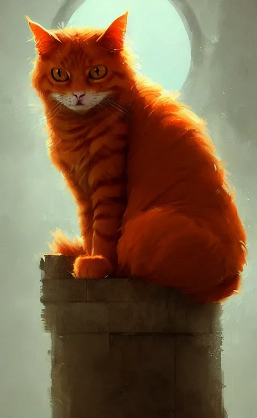Image similar to a fluffy orange cat with long whisters and stern brown eyes, digital painting by greg rutkowski, artstation, intricate, highly detailed, cinematic lighting, concept art
