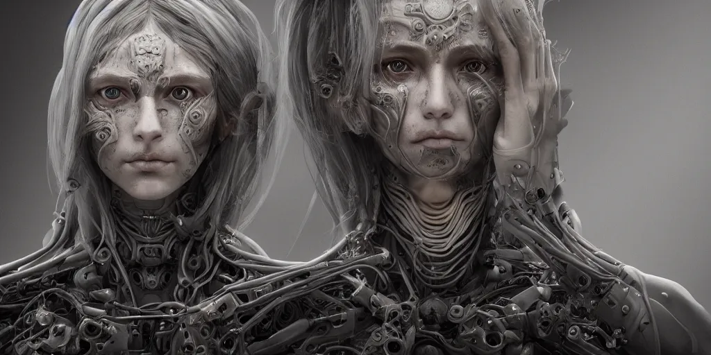 Image similar to photorealistic gorgeous symmetrical female cyborg, holding intimately, highly detailed, intricate detailing, in the style of, beth cavener, jin kagetsu, wlop, masterpiece, concept art, high key lighting, ambient lighting, octane render, 8 k, artstation