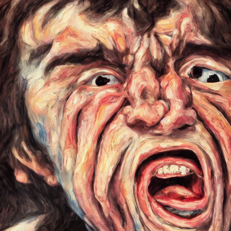 Prompt: warmly lit close up studio portrait of young angry!! screaming George Harrison age 23 furious!, impasto oil painting thick brushstrokes by Lucian Freud and Cy Twombly and Tim Hawkinson , trending on artstation dramatic lighting Expressionism