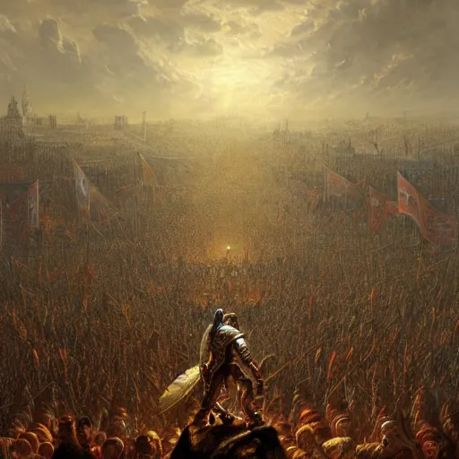 Image similar to artstation concept of a man in armor standing in a crowd gettig cheered, man with arms wide open, bright colorful, gold, hyperdetailed, artstation trending, world renowned artists, worth 1 0 0 0. com, historic artworks society, antique renewel, cgsociety, by greg rutkowski, by gustave dore, deviantart