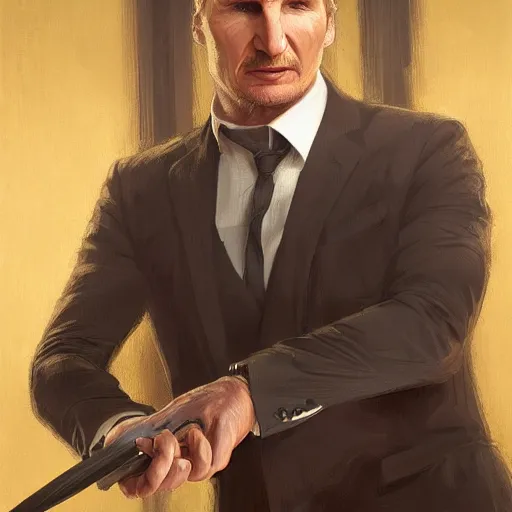 Image similar to portrait of Liam Neeson doing a throat chop, black suit, fantasy, intricate, elegant, realistic, highly detailed, digital painting, artstation, concept art, smooth, sharp focus, illustration, art by artgerm and greg rutkowski and alphonse mucha