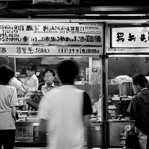 Prompt: candid street photography of a night market food stall by hisaji hara