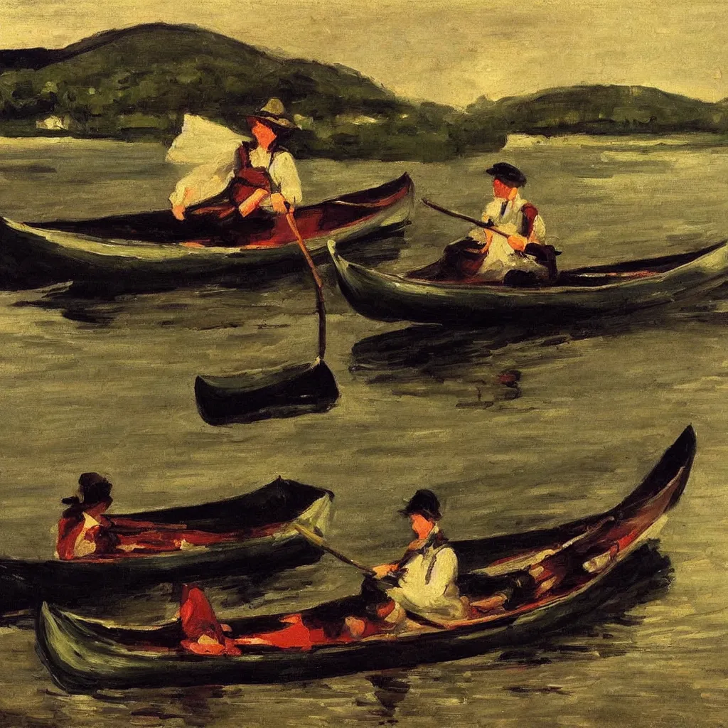 Prompt: a beautiful woman sitting in canoe on the hudson river, oil painting, style of george bellows