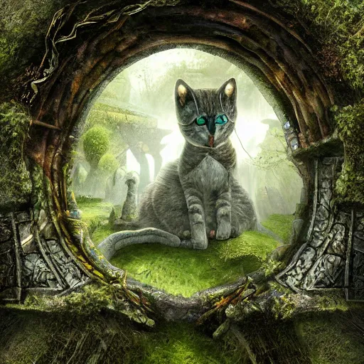 Image similar to ancient overgrown ruins, medieval gates, runestones, nostlagia, mysetrious etherial mesmerizing runic cat eyes, magical elven geometry, floating islands, hyper detailed, realistic