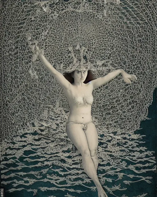 Prompt: a woman floating above the sea, made of intricate decorative lace leaf skeleton, in the style of the dutch masters and gregory crewdson, dark and moody