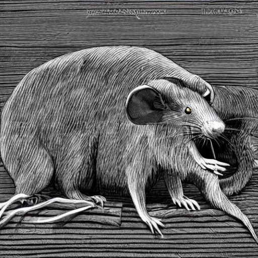 Prompt: giant rat on top of bone pile greyscale, fine detail, woven black background black sabbath