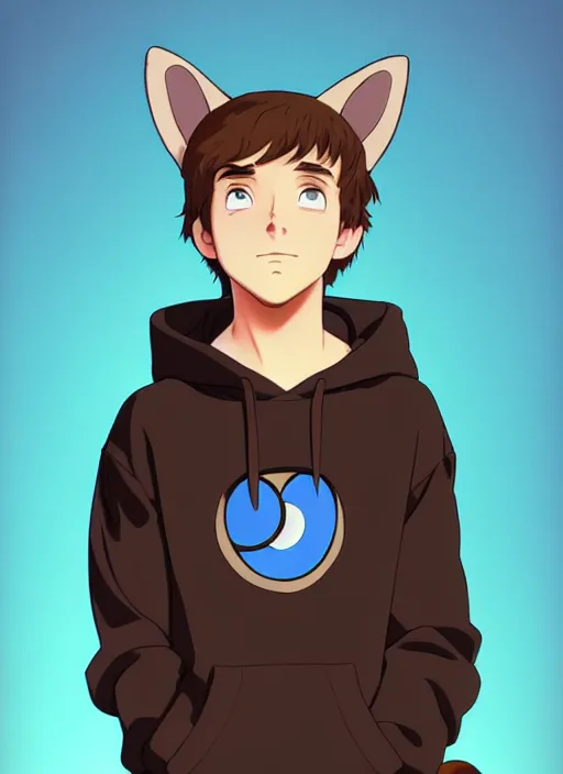 Image similar to teen boy with brown hair and big blue eyes, wearing a black hoodie with cat ears on top of it, natural lighting, path traced, highly detailed, high quality, cartoon, digital painting, by don bluth and ross tran and studio ghibli and alphonse mucha