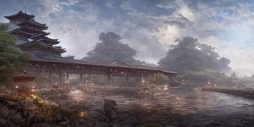 Image similar to japan middle age, giant fortress with cannons guarded by samurais, is built on a strong old wooden bridge, giant goddess with swords, morning, matte painting, concept art, james gurney, greg rutkowski, unreal engine, artstation, john howe