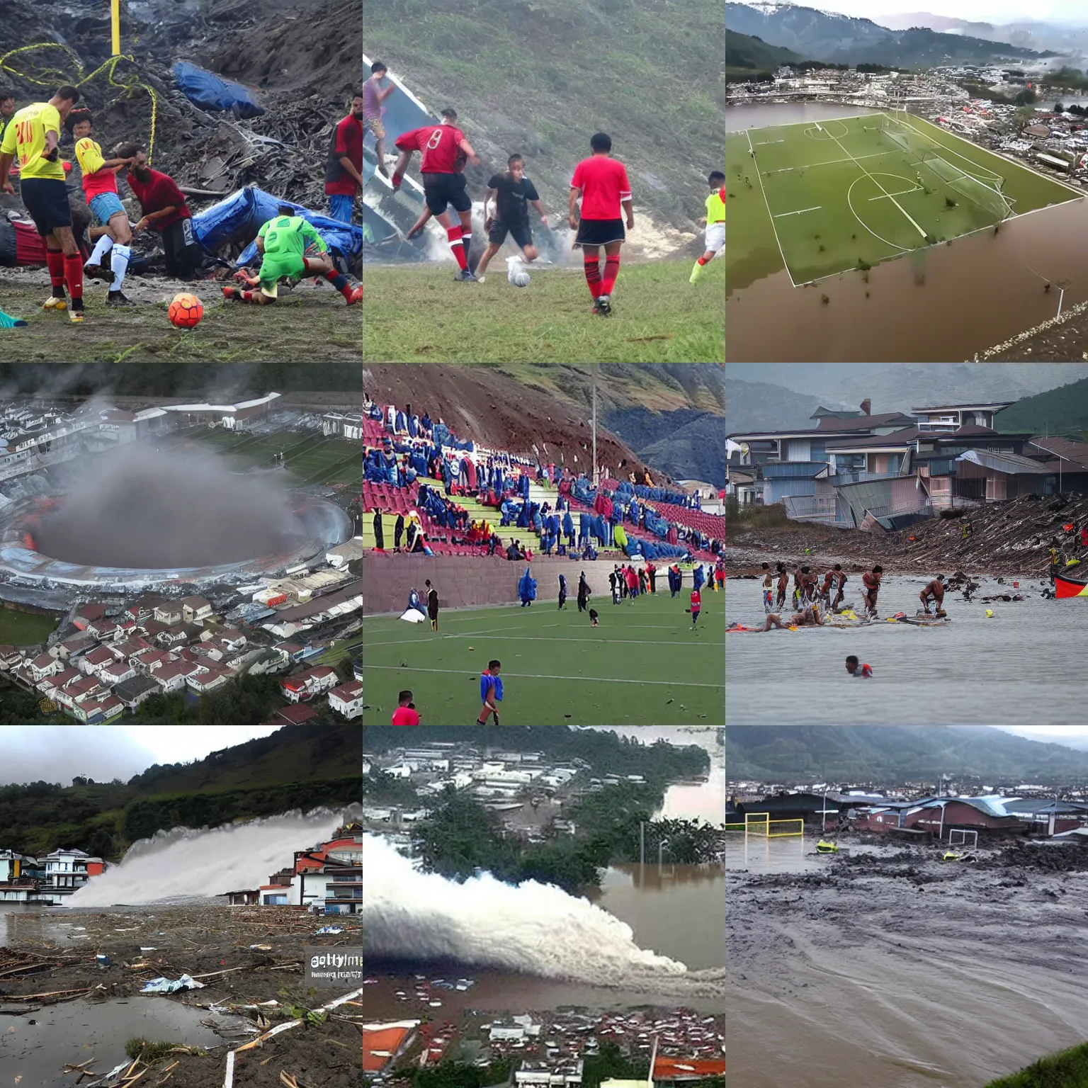 Prompt: football match disaster floods tsunami volcano earthquake