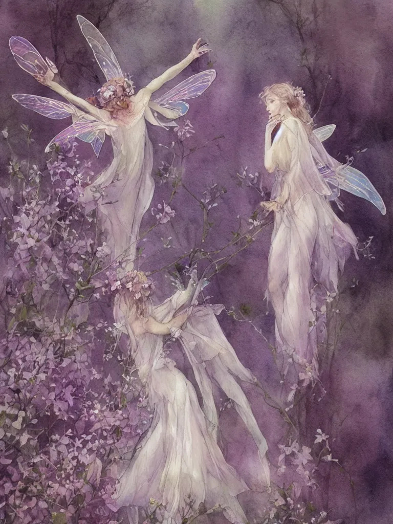 Image similar to study of a flower fairy, illustration, watercolor, alan lee, detailed, pretty, ethereal, realistic, artstation,