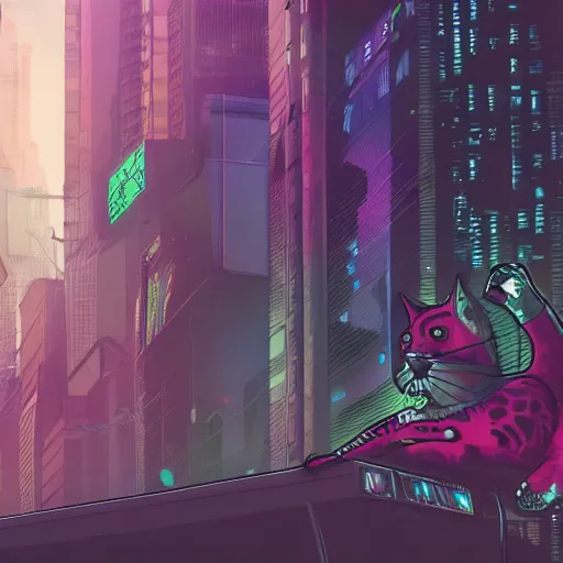 Image similar to cyberpunk cat sits in the city at twilight