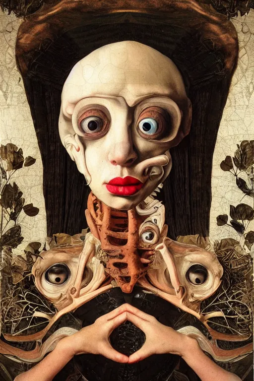 Prompt: Detailed maximalist portrait with large lips and with large wide eyes, surprised expression, surreal extra flesh and bones, HD mixed media, 3D collage, highly detailed and intricate, illustration in the golden ratio, in the style of Caravaggio and Hieronymus Bosch, dark art, baroque